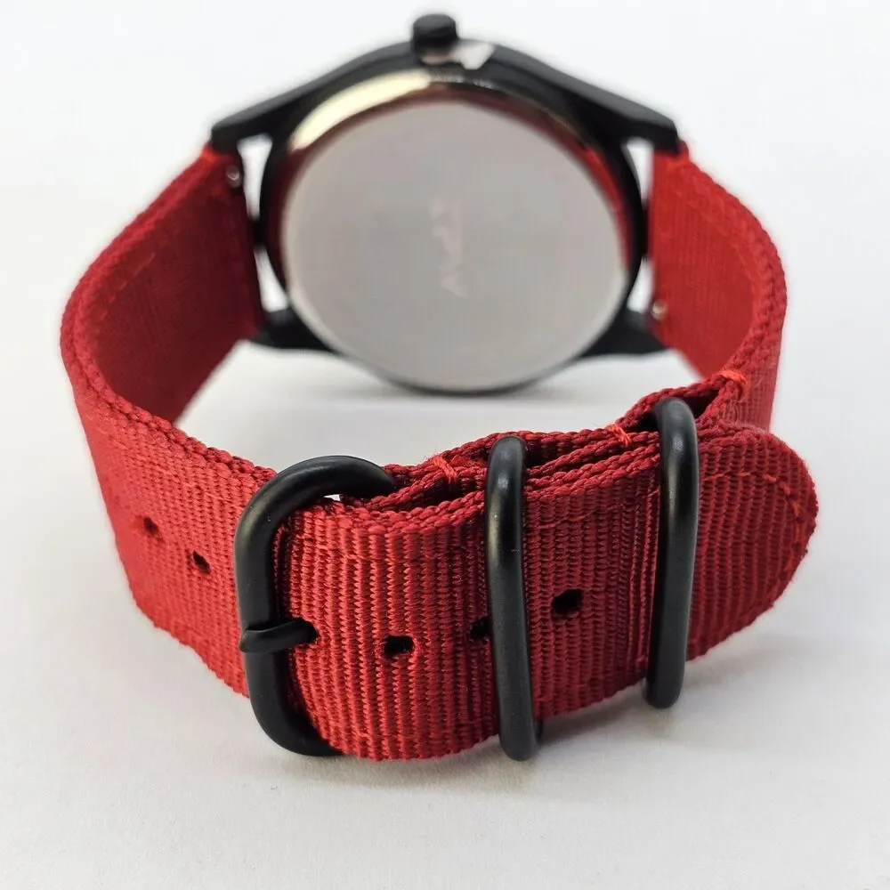 Men's Field Military Watch 42MM Black Case Black Dial Red‎ Canvas Band Straps